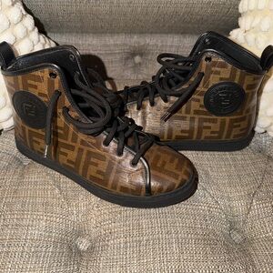 Fendi Brown Zucca Logo High-Top Sneakers with Black Trim